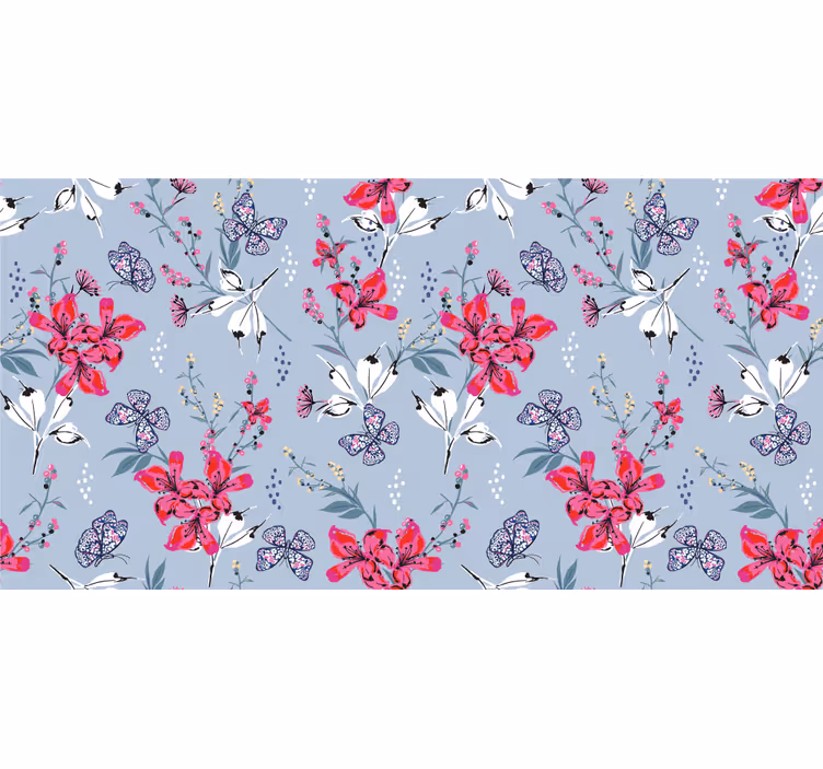 Cortina roller living comedor flores rojas y mariposas - TenVinilo
