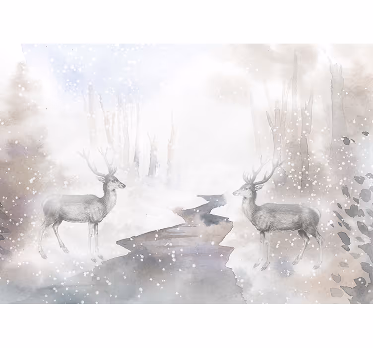 Cortina roller blanca bosque artístico con alces blancos - TenVinilo