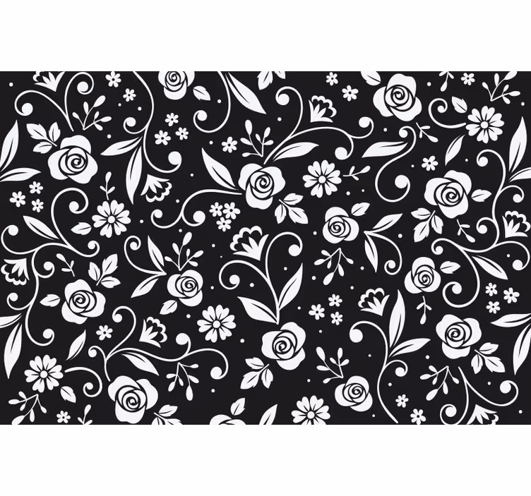 Cortina roller negra con patrón abstracto de flores blancas - TenVinilo