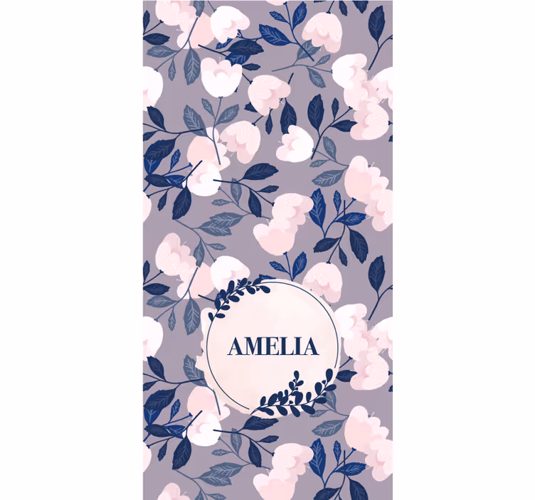 Cortina roller juvenil diseño floral morado con nombre. - TenVinilo