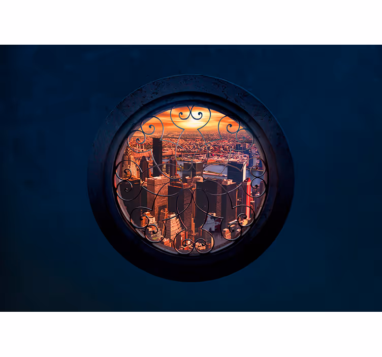 Fotomural 3D ventana redonda vistas Nueva York - TenVinilo