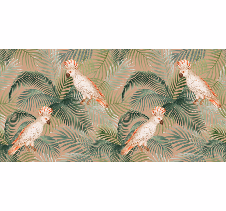 Papel mural selva loros blancos sobre palmas beige - TenVinilo