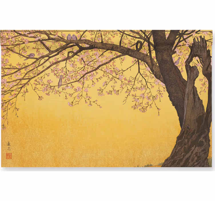 Papel mural baño Árbol japonés con fondo amarillo - TenVinilo