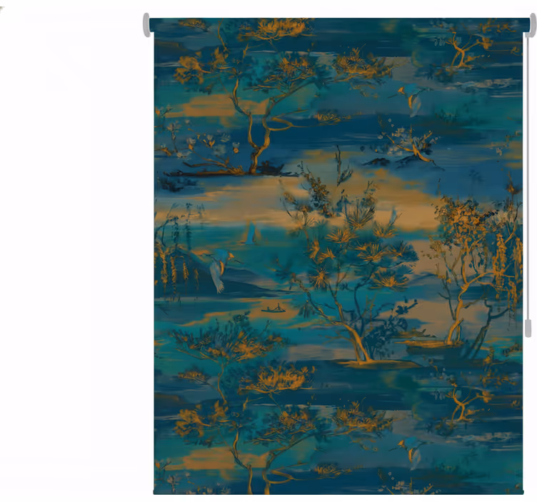 Papel mural baño paisaje asiático azul y dorado - TenVinilo