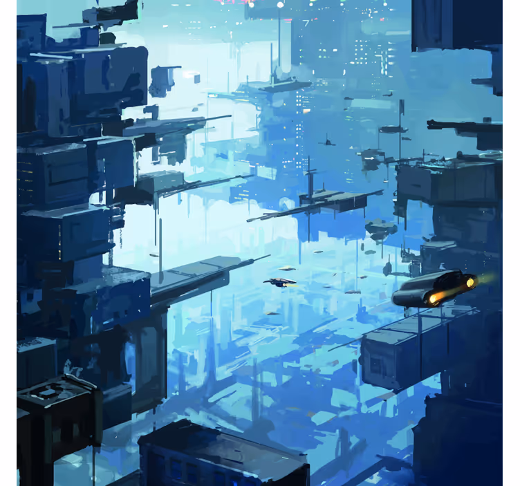 Papel mural azul ciudad futurista con naves espaciales - TenVinilo
