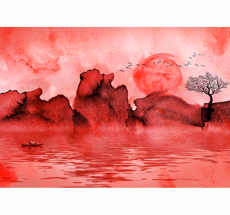 Papel mural rojo paisaje de tinta china - TenVinilo