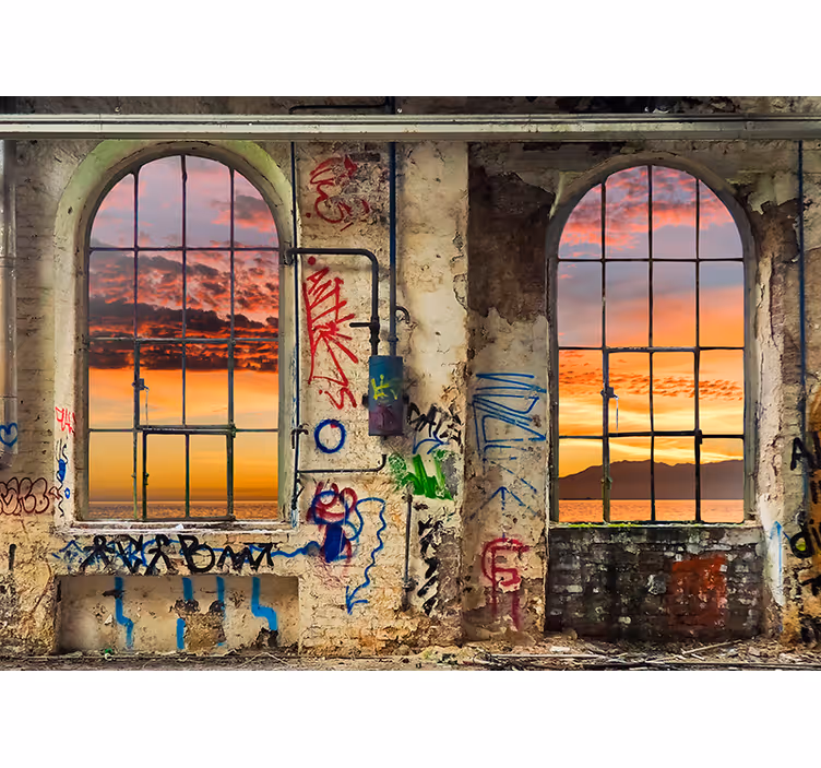 Fotomural 3D ventanal graffiti industrial - TenVinilo