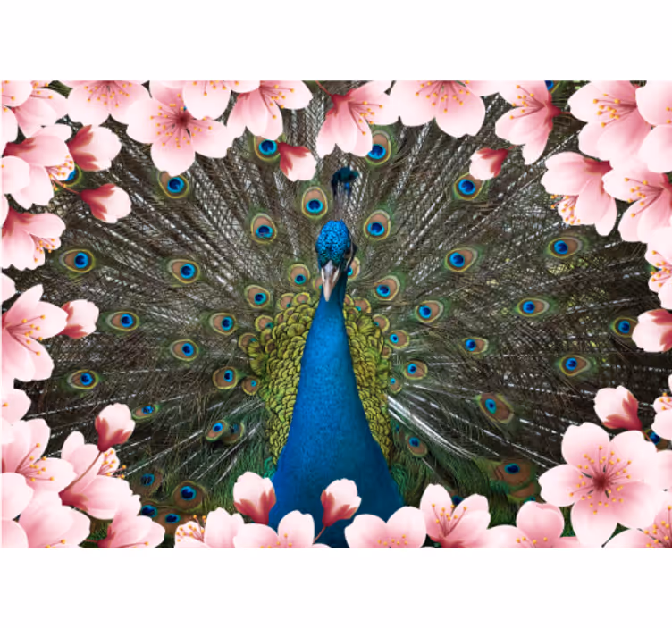 Mural de animales majestuosa exhibición de pavos reales - TenVinilo