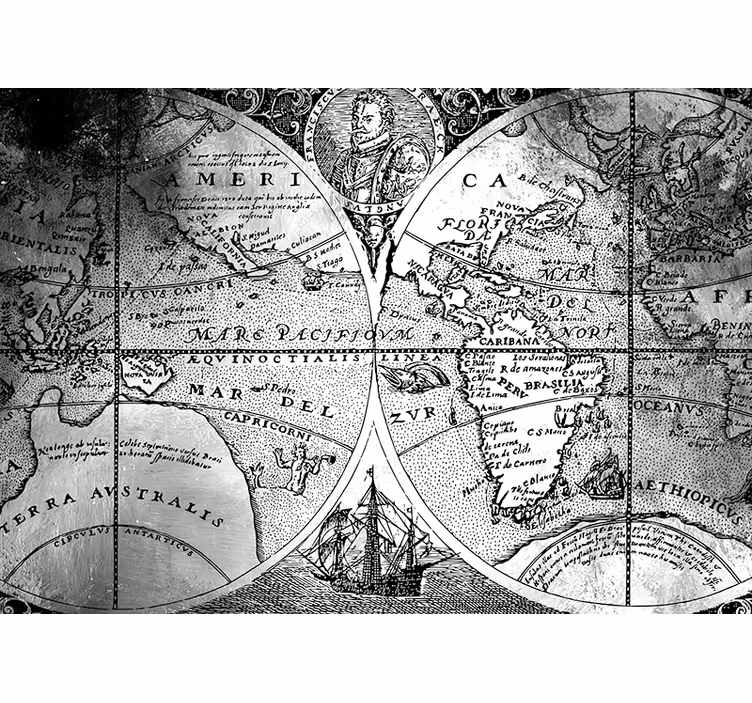 mural mapamundi Mapa del mundo en blanco y negro - TenVinilo