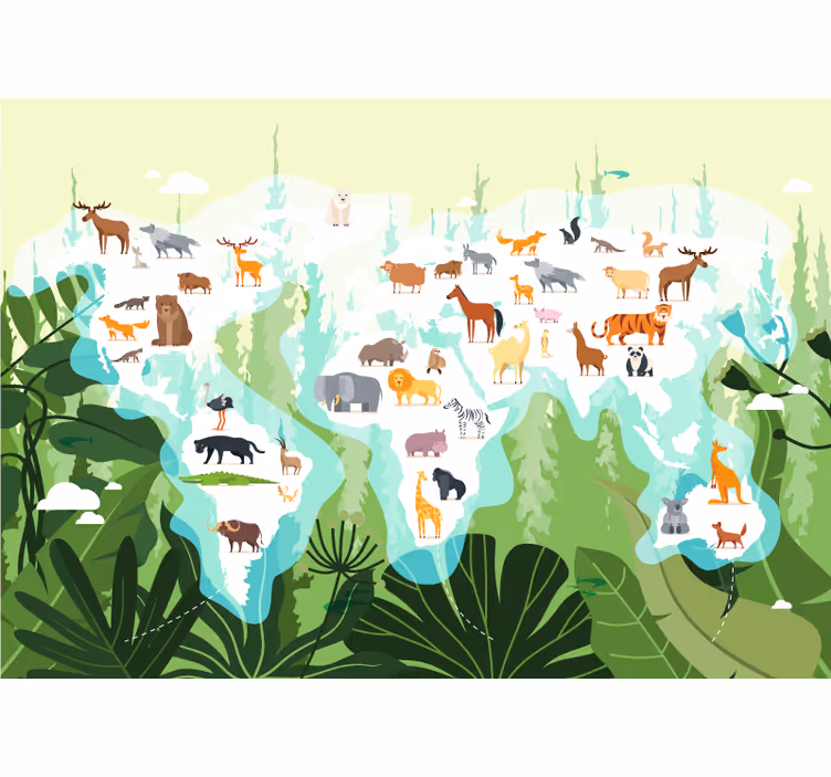 Mural de animales mapa de animales del mundo - TenVinilo