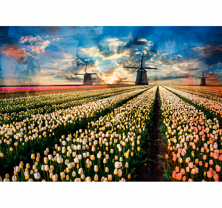 Papel mural flores amanecer en el campo de tulipanes - TenVinilo