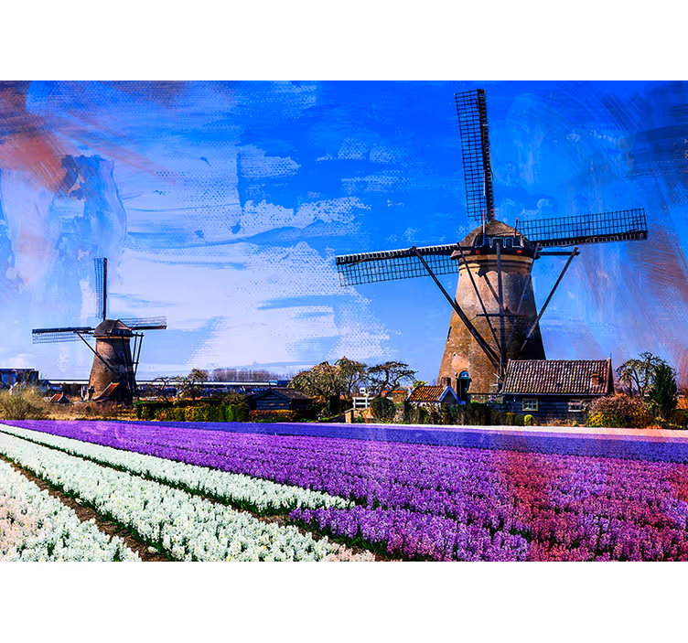 Papel mural ciudades campos de tulipanes y molinos - TenVinilo