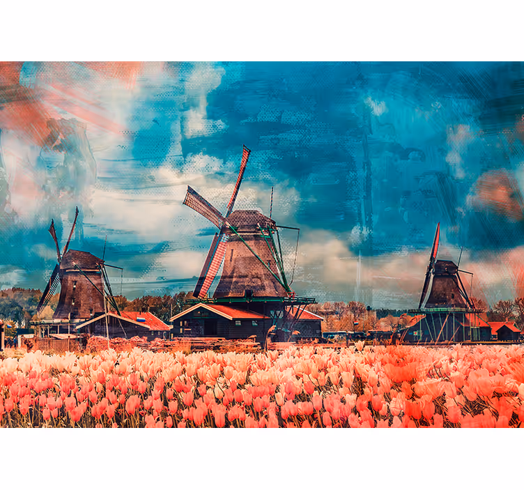 Papel mural ciudades campos de tulipanes y molinos de viento - TenVinilo