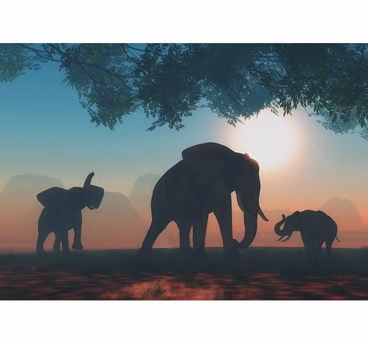 Fotomural animale Elefantes y árboles al atardecer - TenVinilo