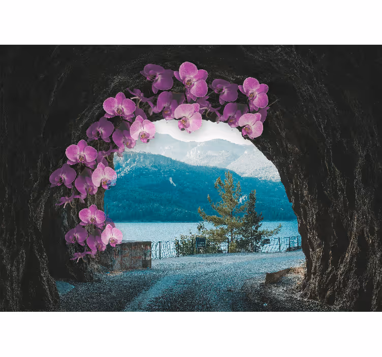 Papel mural flores orquídeas enmarcando el paisaje - TenVinilo