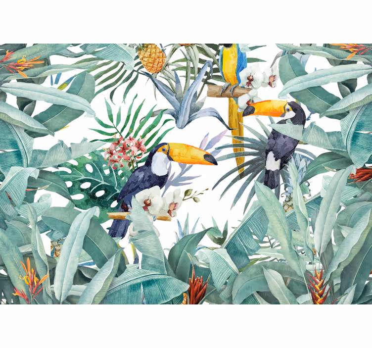 Mural de animales tucanes entre follaje - TenVinilo
