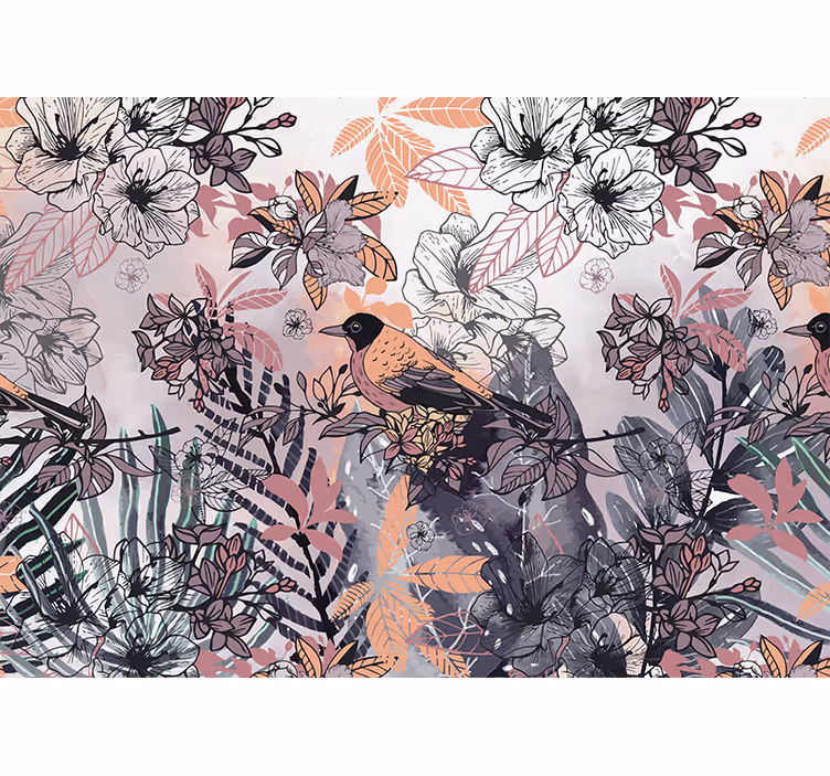 Papel mural flores pájaro entre flores - TenVinilo