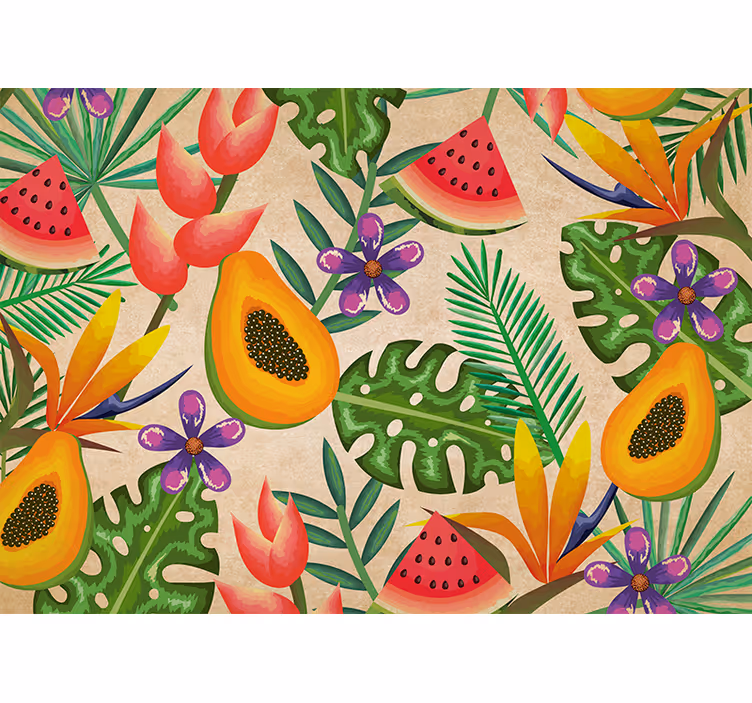 Papel mural flores con patrones de frutas tropicales - TenVinilo