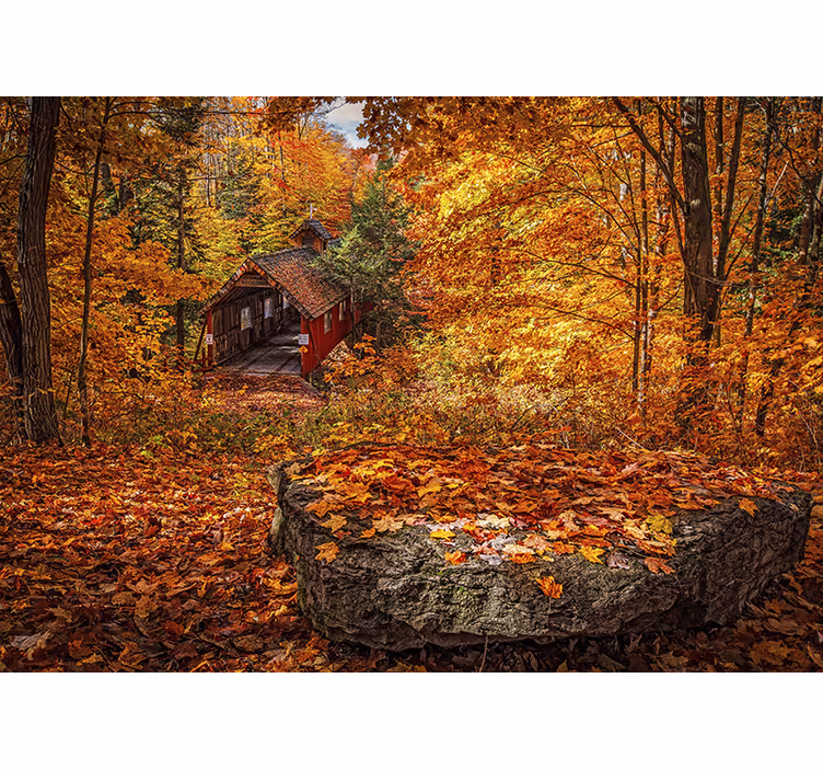 Papel mural paisajes puente cubierto en otoño - TenVinilo