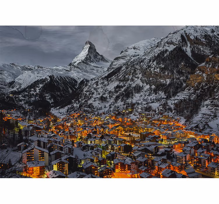 Papel mural montaña pueblo alpino nevado - TenVinilo
