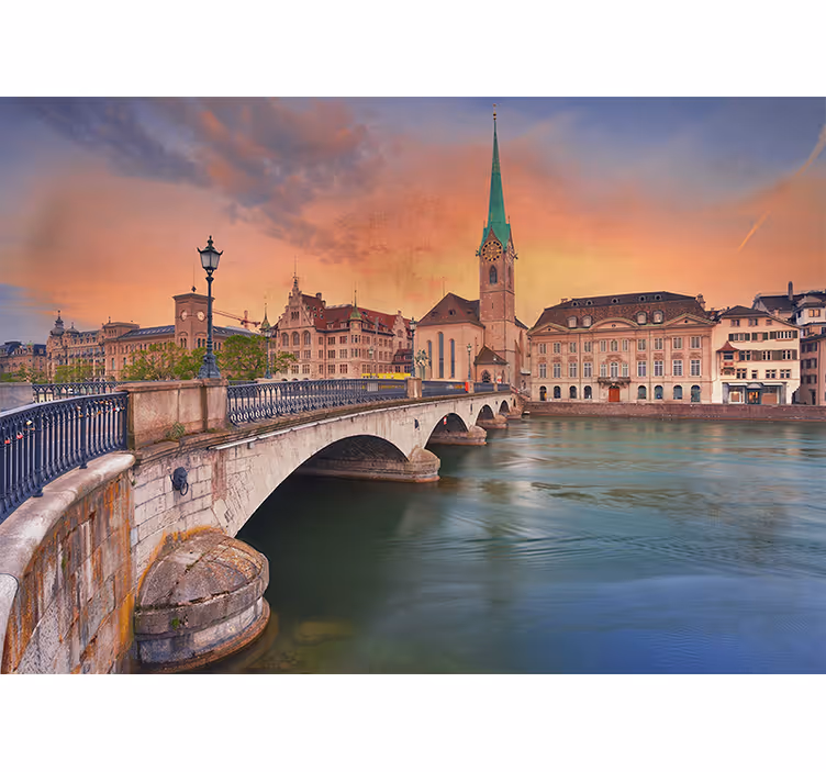 Papel mural ciudades puente de zúrich al atardecer - TenVinilo