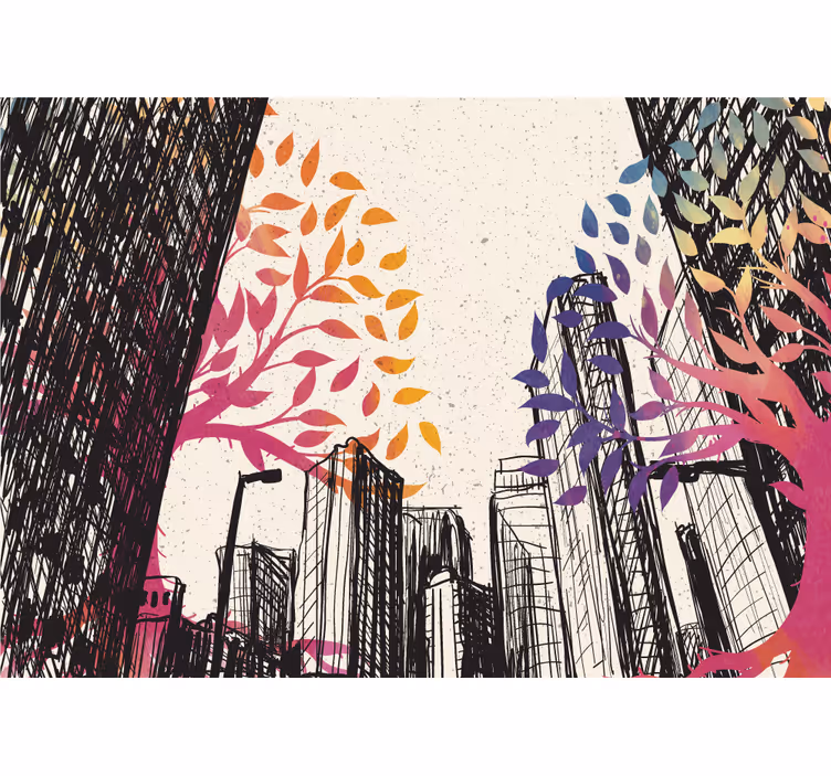 Papel mural ciudades paisaje urbano con árboles coloridos - TenVinilo