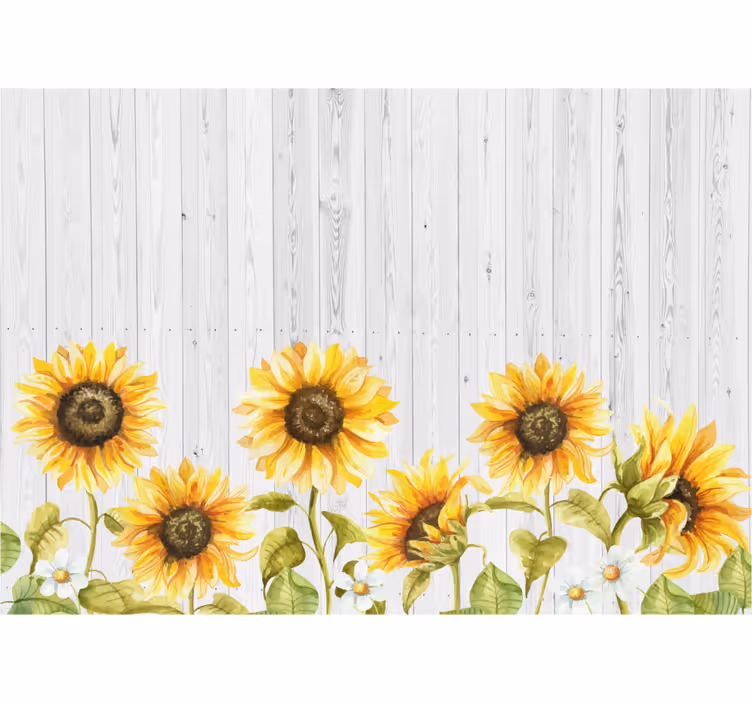 Papel mural flores girasoles sobre textura de madera - TenVinilo