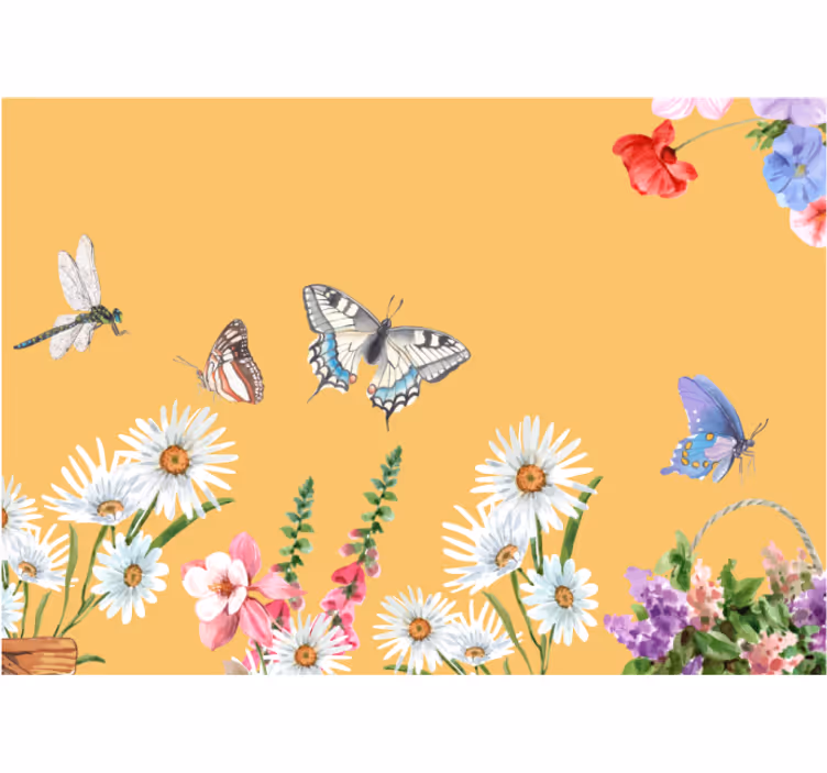 Papel mural flores escena floral con mariposas - TenVinilo