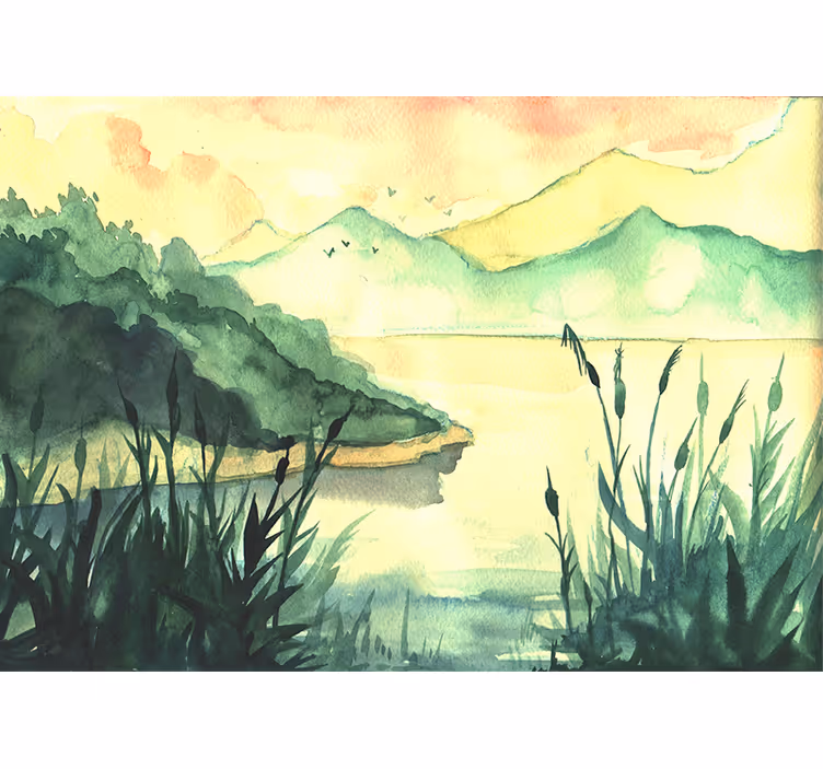 Papel mural lago paisaje sereno dibujado a mano - TenVinilo