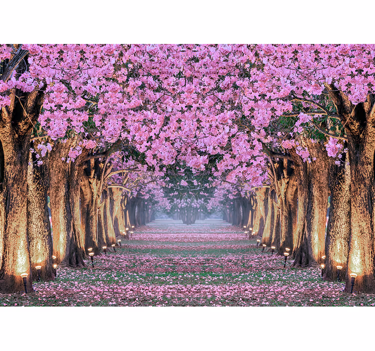 Fotomural de bosque Camino con arboles y flores rosas - TenVinilo
