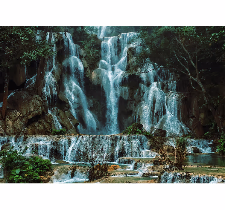 Papel mural montaña exhibición de cascada majestuosa - TenVinilo