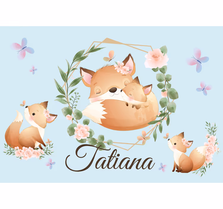 Papel mural infantil linda familia de zorros con nombre - TenVinilo