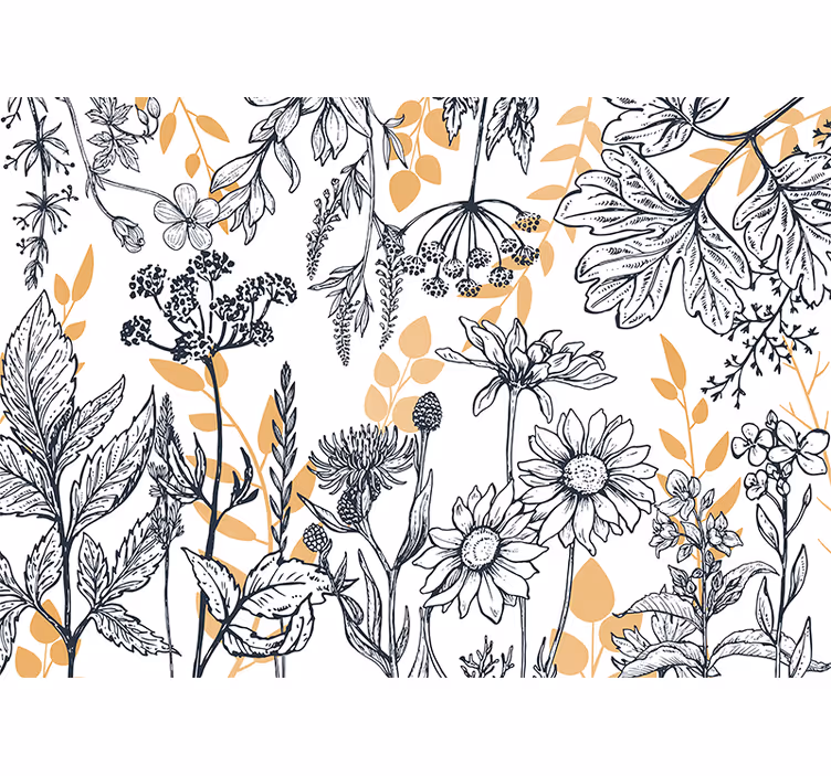 Papel mural flores ilustración botánica contorneada - TenVinilo