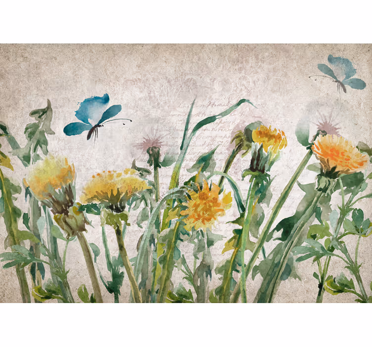 Papel mural flores diente de león con mariposas - TenVinilo