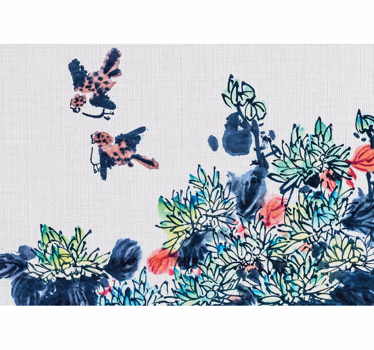 Papel mural flores pájaros entre flores - TenVinilo