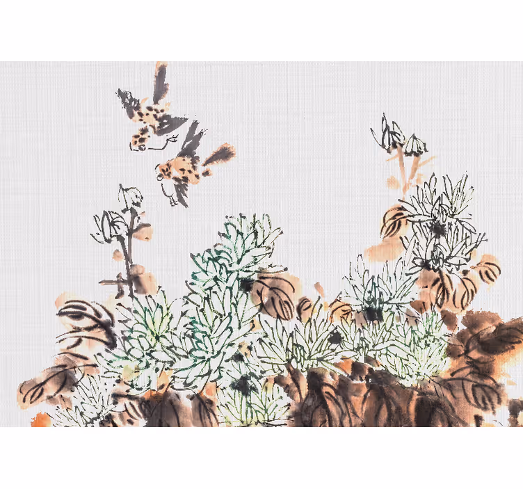 Papel mural salón pájaros entre el follaje - TenVinilo