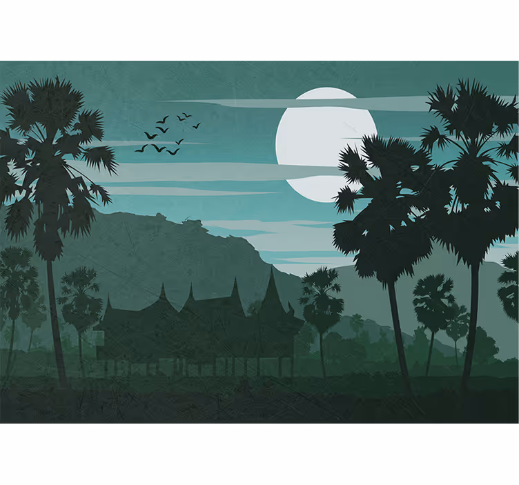 Papel mural bosque palmeras iluminadas por la luna - TenVinilo