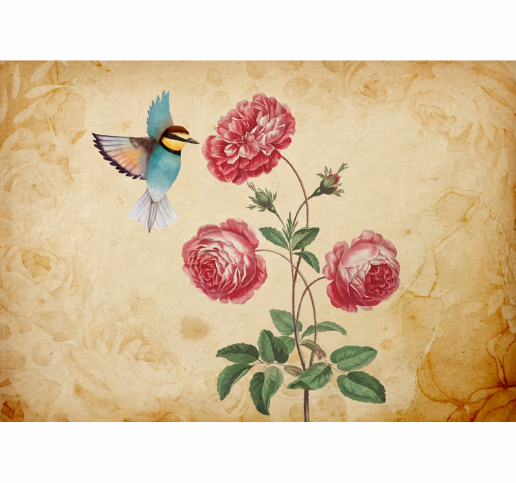 Papel mural flores colibríes y rosas - TenVinilo