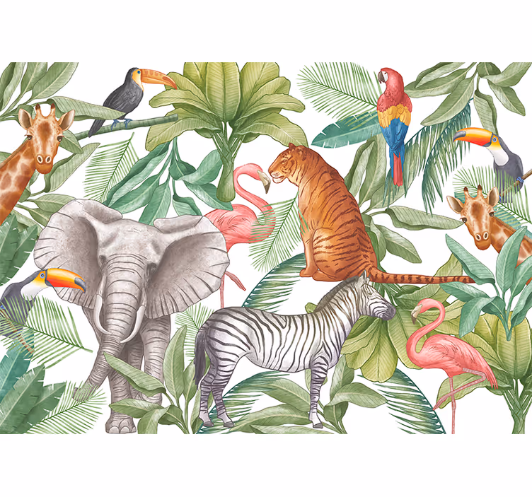 Papel mural selva diseño de animales acuarela - TenVinilo