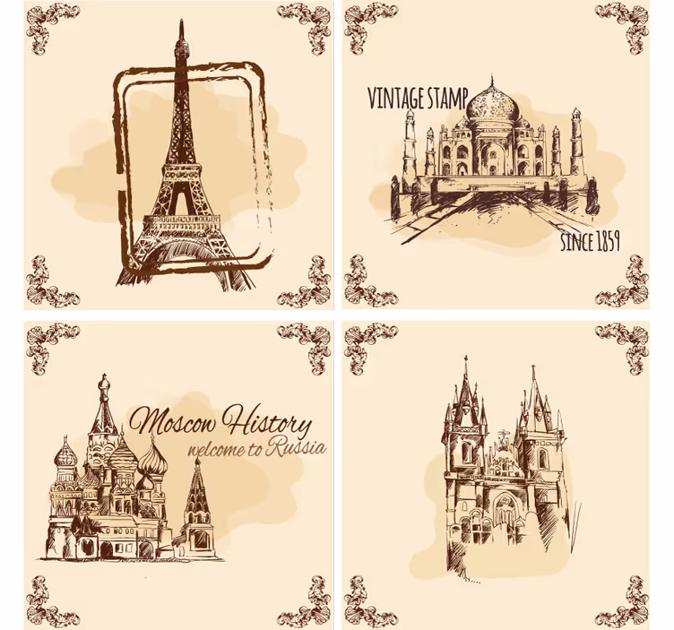 Posavasos vintage ilustraciones de monumentos históricos - TenVinilo