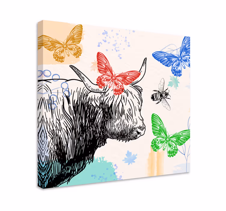 Cuadro animales vaca de las tierras altas y mariposas - TenVinilo