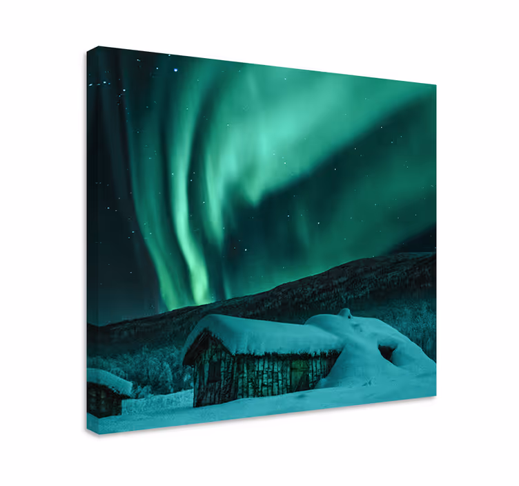 Cuadro paisajes Idílico pueblo de nieve aurora boreal - TenVinilo