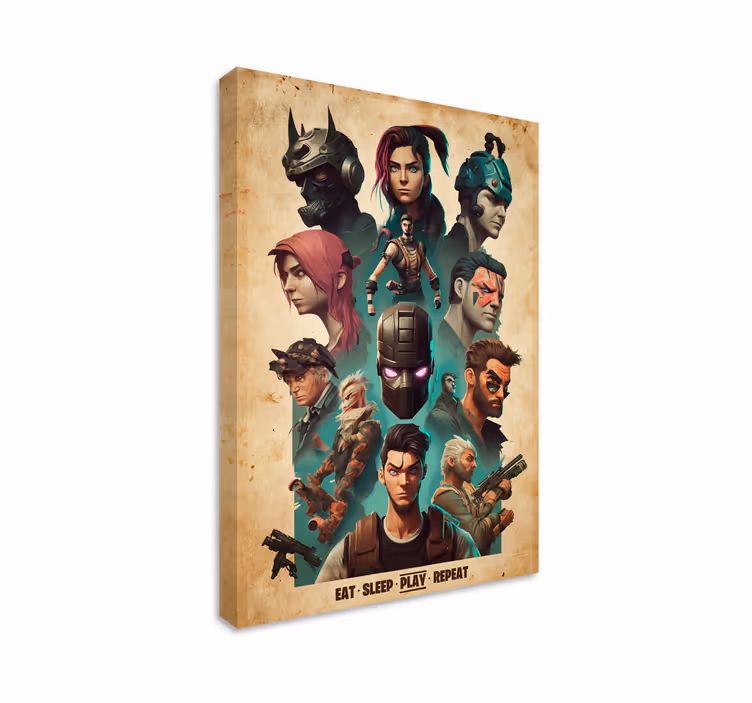 Cuadro decorativo videojuego collage de personajes épicos - TenVinilo