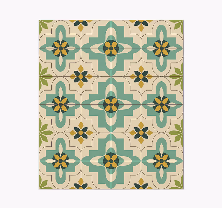 Alfombra de vinilo para cocina azulejos florales retro - TenVinilo