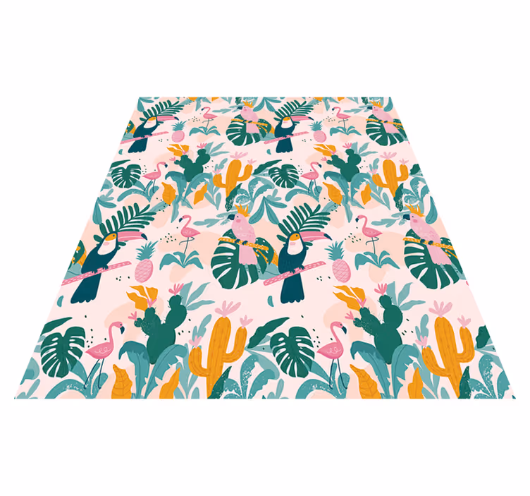 Alfombra vinílica animales aves y hojas tropicales - TenVinilo