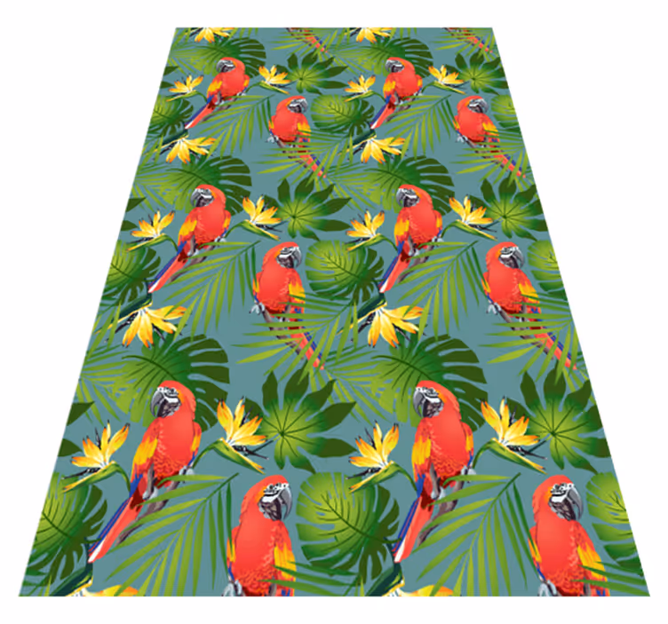 Alfombra vinílica animales loros coloridos sobre fondo azul - TenVinilo