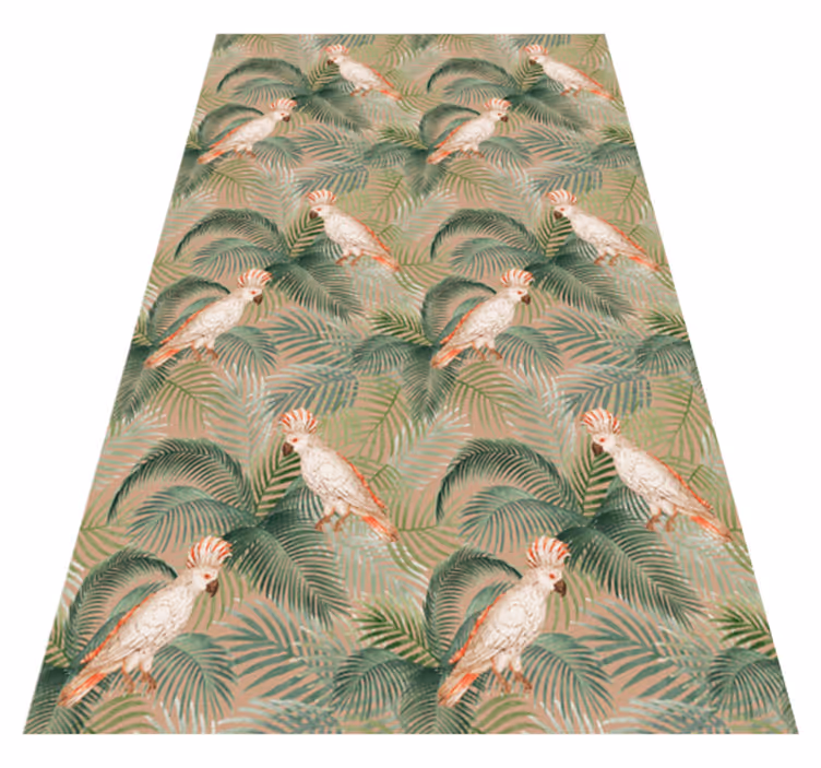 Alfombra vinílica animales loros blancos en palmas beige - TenVinilo