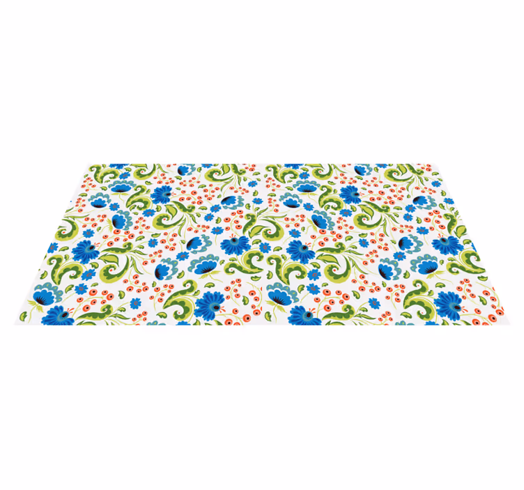Alfombra vinílica flores verdes y azules por todas partes - TenVinilo
