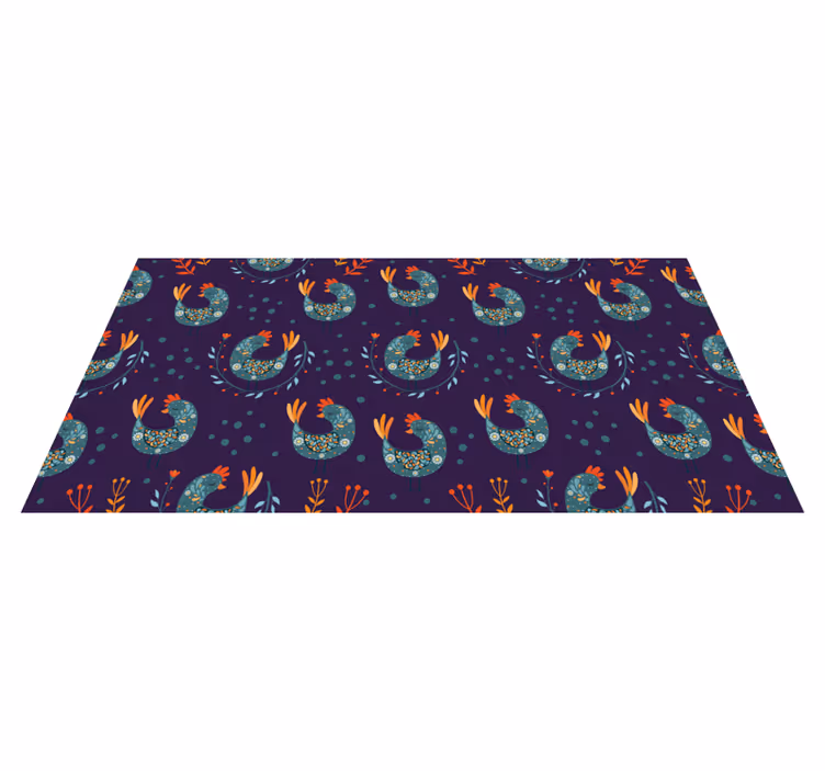 Alfombra vinílica flores gallinas moradas y flores - TenVinilo