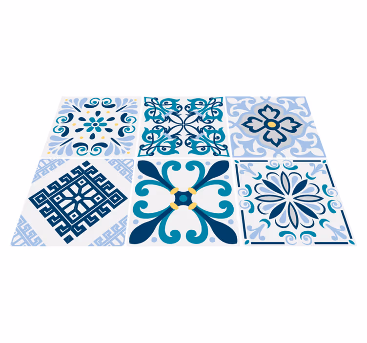 Alfombra de vinilo para cocina azulejos de flores azules - TenVinilo
